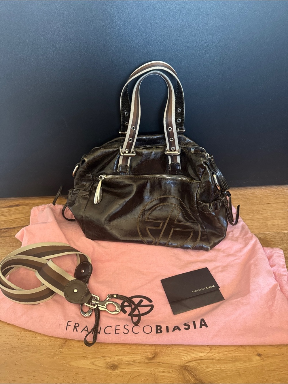 Francesco Biasia Black Leather Satchel with Striped Removable Strap